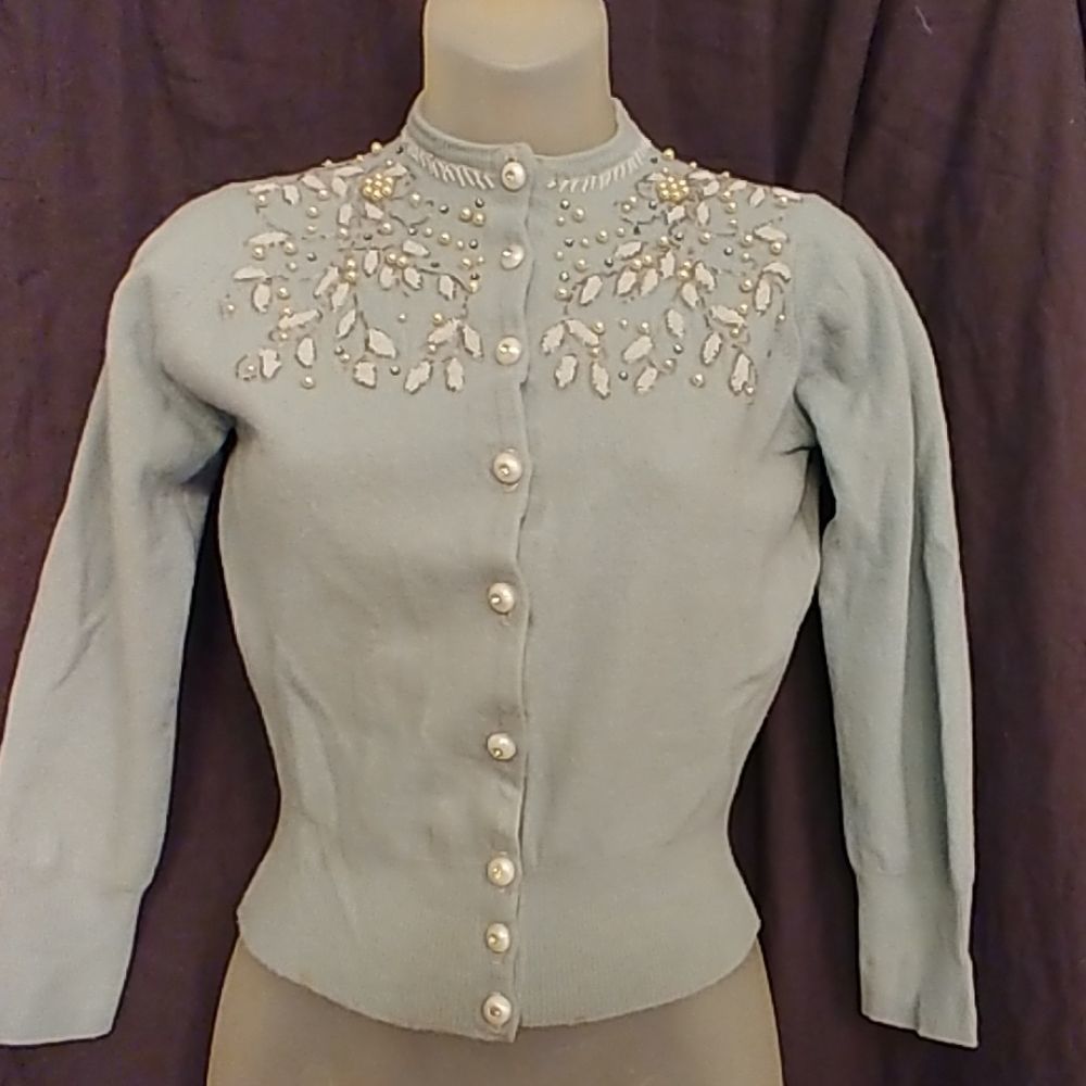 True Vintage Baby Blue Cardigan with Pearl Accents